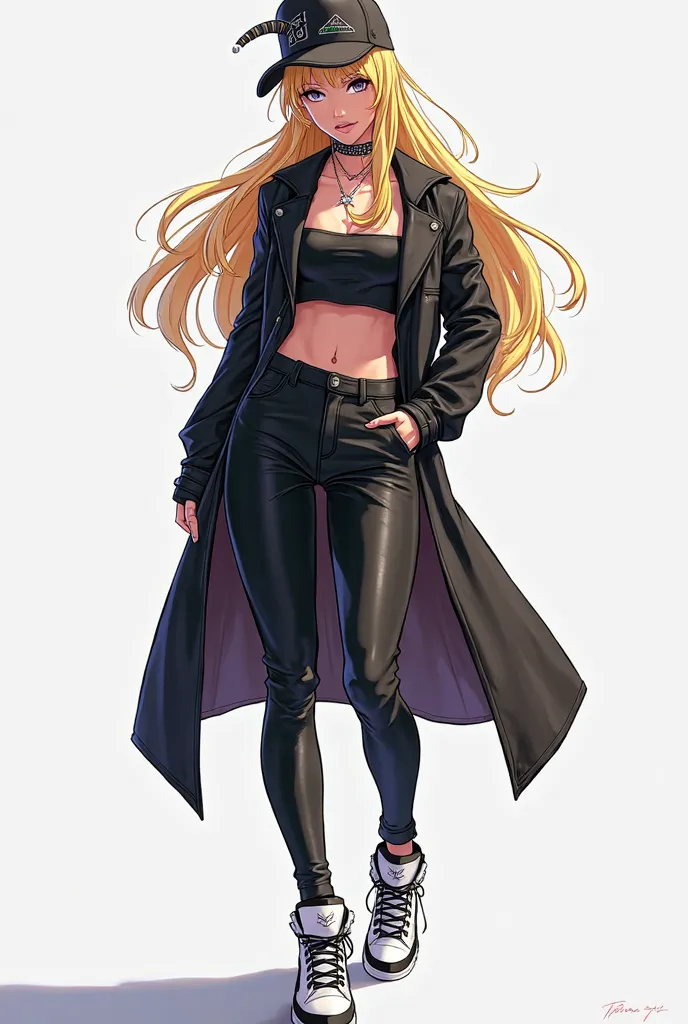 You have in anime style an adult woman with long blonde hair,  black vest,  long black pants, And white Jordan sneakers with black and gray Joky hat