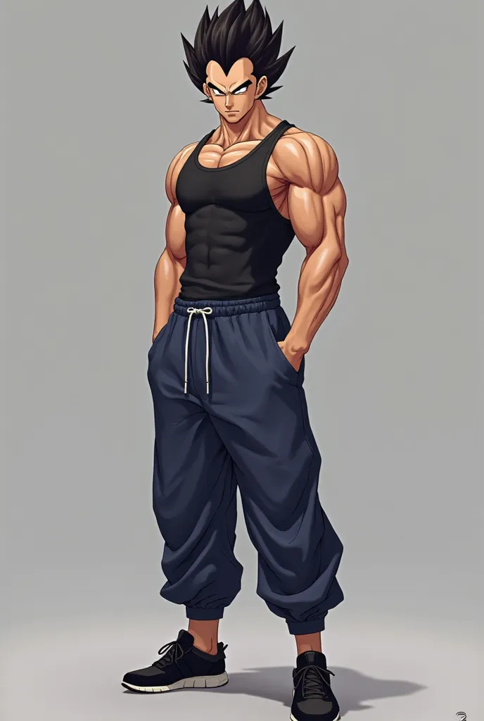 Vegeta wearing dark blue sweatpants, black shoe,  tank top,  standing, charming, stylish and on a gray background