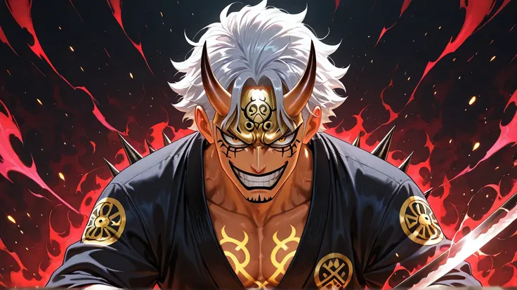 A young man with medium-length, slightly messy white hair and jagged spikes exudes a fierce and mystical aura. He wears a striking blue Japanese Oni mask, radiating intense energy, and wields an imposing katana with a semi-translucent blade shrouded in a d...