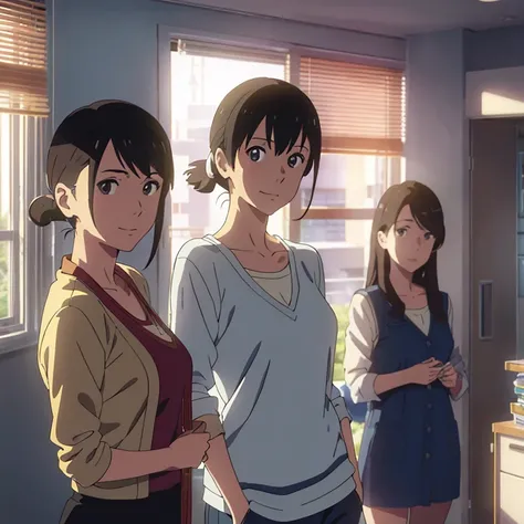 anime scene, ( ( makoto shinkai ) ), close shot, white skin three girls standing beside window, upper body, looking at viewer,smile