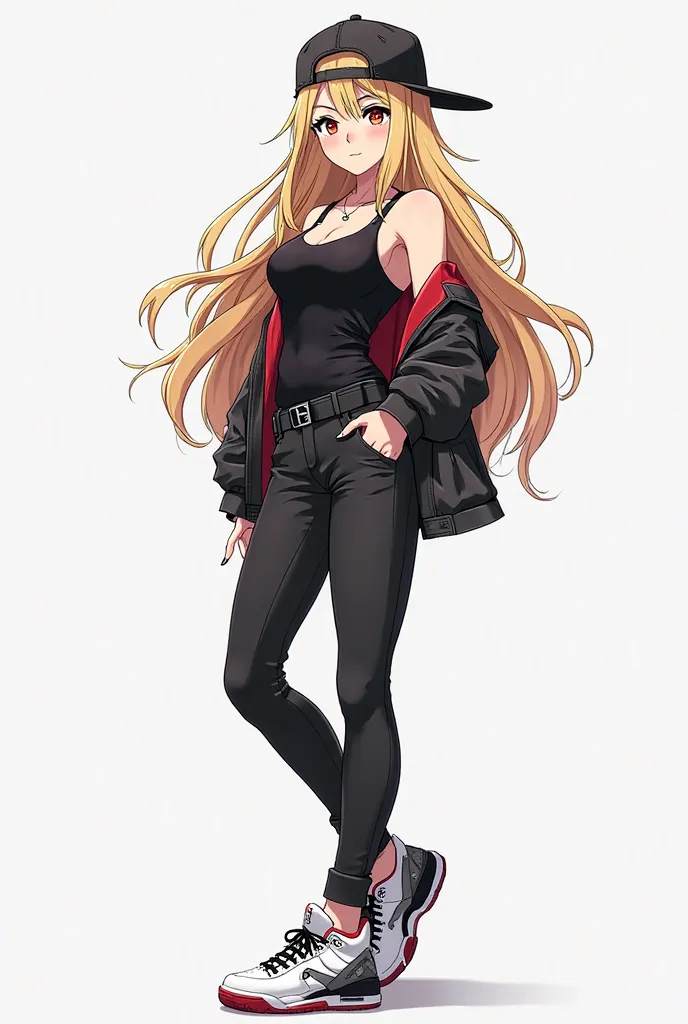 You have in anime style an adult woman with long blonde hair,  black vest,  long black pants, And white Jordan sneakers with black and gray Joky hat