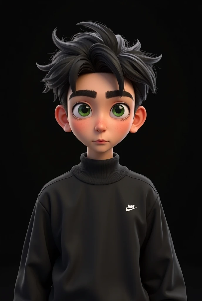 Create an animated 3D image of a ager with a modern style. You must have green eyes,  black and disheveled hair . You are wearing a black Nike sweater with the visible logo. Your expression is serious but youthful.  The background should be completely blac...