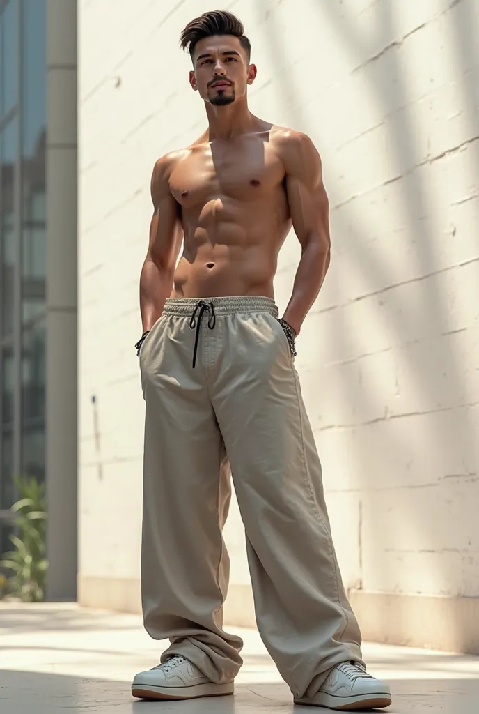 A shirtless young man with flat hair and goatee wearing wide pants and sneakers 