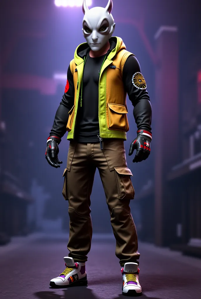 The image features a video game character, possibly from Free Fire, wearing a white and gray skull mask. He wears a gold vest with details in lime green, black long-sleeved blouse with a red spot, cargo pants and white sneakers with colorful details. On th...