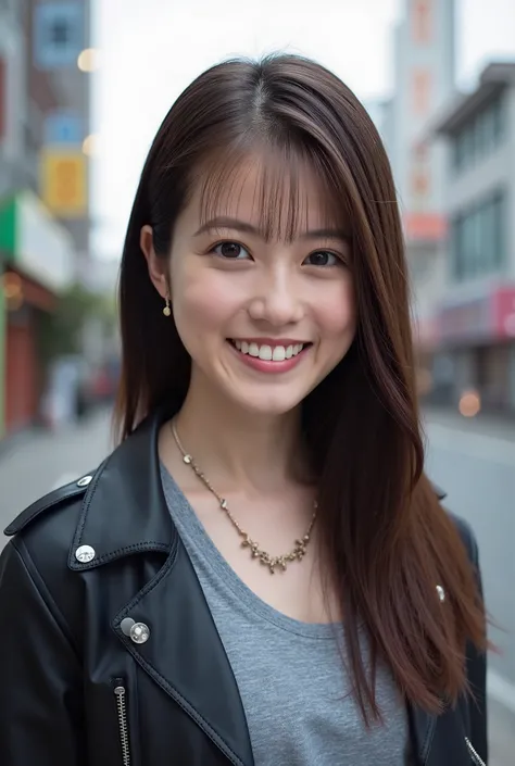 Beautiful young woman 、 Japanese Women、 pale brown hair、Hairstyle Semi Long、、Necklace around the neck、、leather jacket、shirt、smile, Beautiful teeth alignment、Highlight teeth、 ,The background is the town、Ear piercing