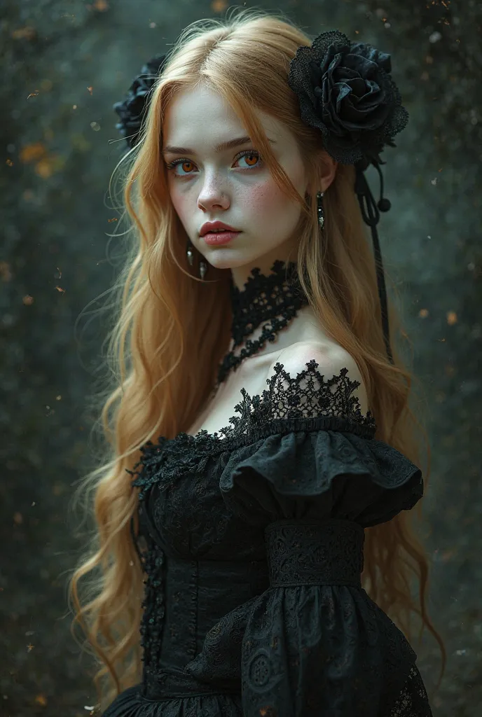 A 16-year-old girl with long golden hair,  red eyes and white skin ,Very beautiful Victorian Gothic style with a dark air