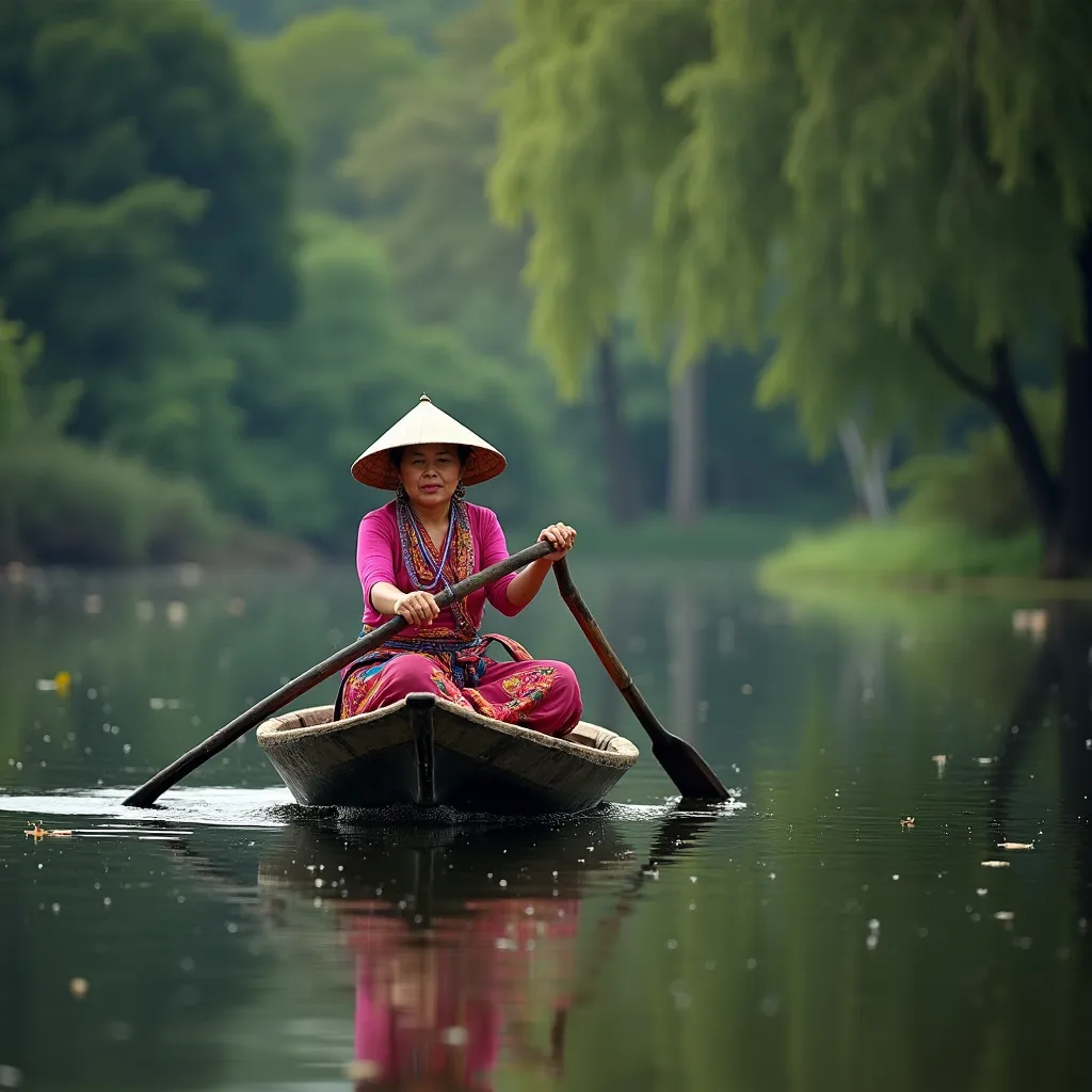 A cinematic shot of a traditional Khmer woman paddling a wooden boat across the still waters of Bà Om Pond. Her colorful silk attire contrasts beautifully with the lush greenery, and the serene water reflects the surrounding trees, creating a tranquil and ...