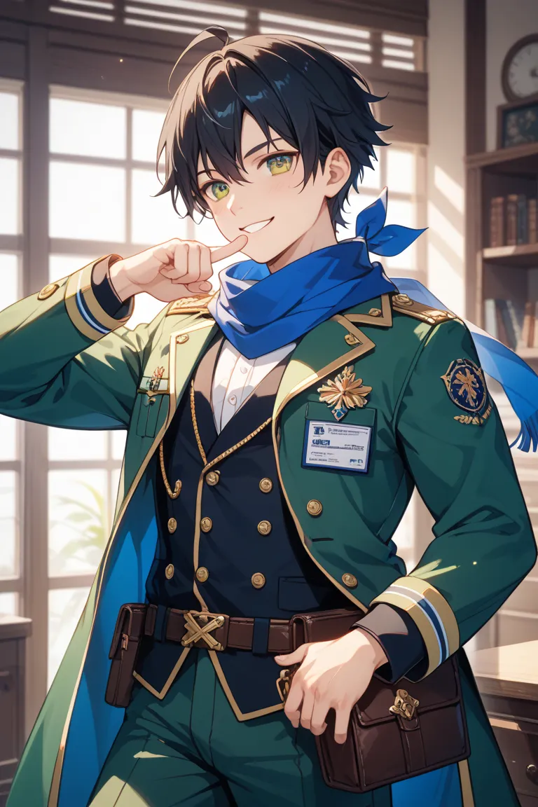 A slightly larger pouch containing a book is swaying on his left waist。jade-colored eyes give a bright and intellectual impression、wears dark blue suit pants。the main weapon is stored in the back、he has clean, well-groomed, short black hair。 overall、contai...