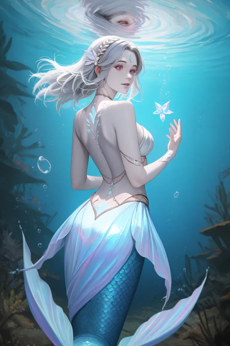 A 20-year-old semi-mermaid hybrid girl, of pale skin with a pearlescent tint. Her long, silver hair has iridescent reflections underwater, as if she were subtly shining. Her eyes are a deep blue, with a supernatural glow. She has scales translucent on her ...