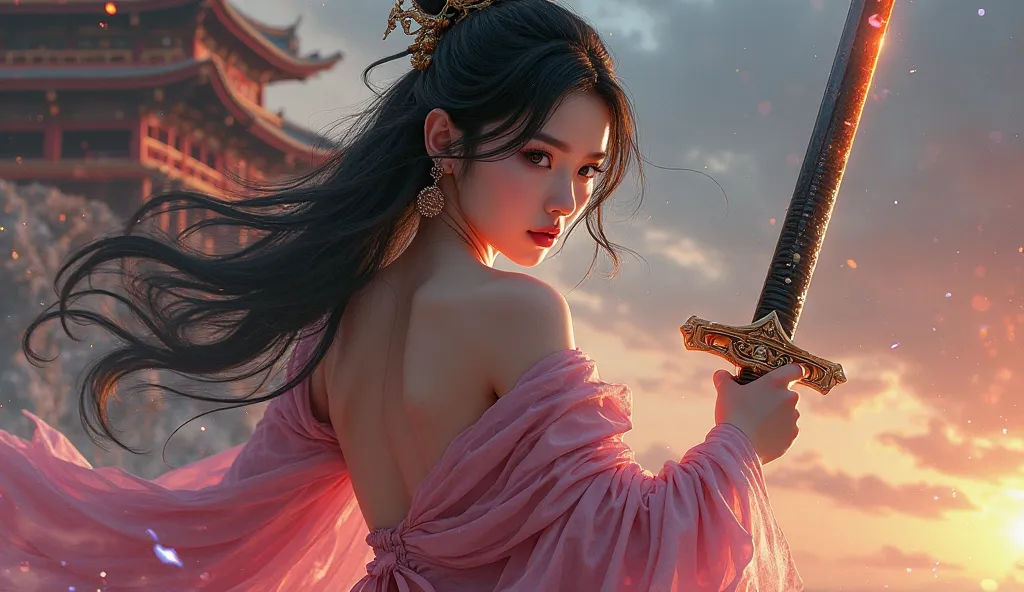 (((Topless photos of beautiful woman))) , Woman, most beautiful, Sweet, elegant ,full body ,large breasts, young, black hair, Demon slayer pose, holding a black and gold glowing katana great sword ready to fight posture, wearing women's earrings, with long...