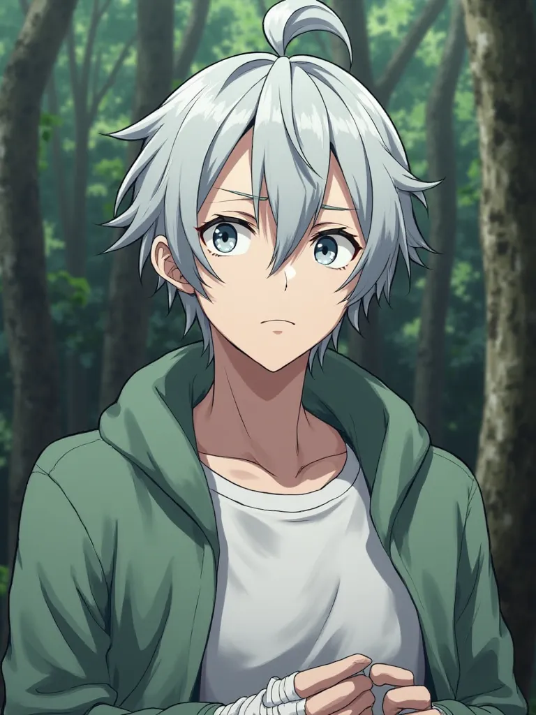 Make the anime-style image of a man with white skin, white eyes and short gray hair tied up in a small tall ponytail.  has a cold look ,  with a slightly frown . He wears white bandages on his hands and an open green sweater with a white t-shirt. In the ba...