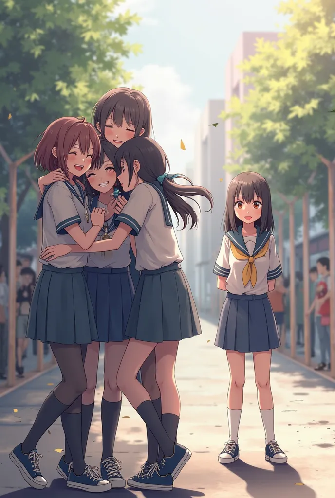 To the left of the image are five female students walking around, hugging each other's throats and smiling, while to the right is another female student walking, bowing sadly.