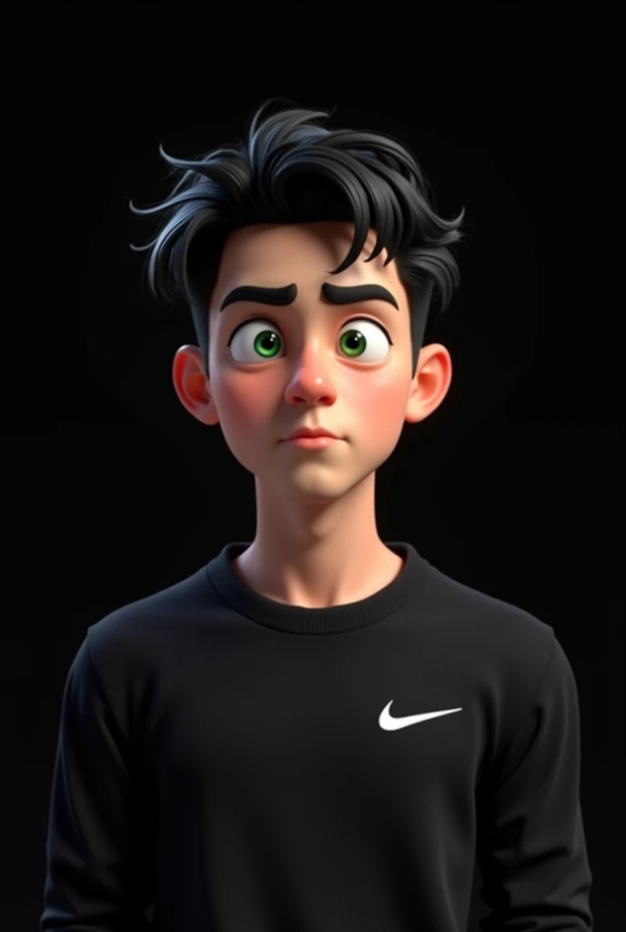 Create an animated 3D image of a ager with a modern style. You must have green eyes,  black and disheveled hair . You are wearing a black Nike sweater with the visible logo. Your expression is serious but youthful.  The background should be completely blac...