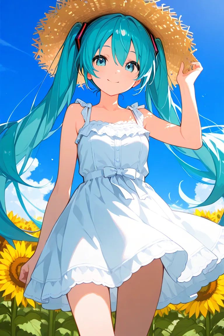 1 girl,Hatsune Miku, vocaloid ,Turquoise twin tails,straw hat with right hand,white dress,Sunflower field,blue sky,summer,pretty girl,cute,innocent smile