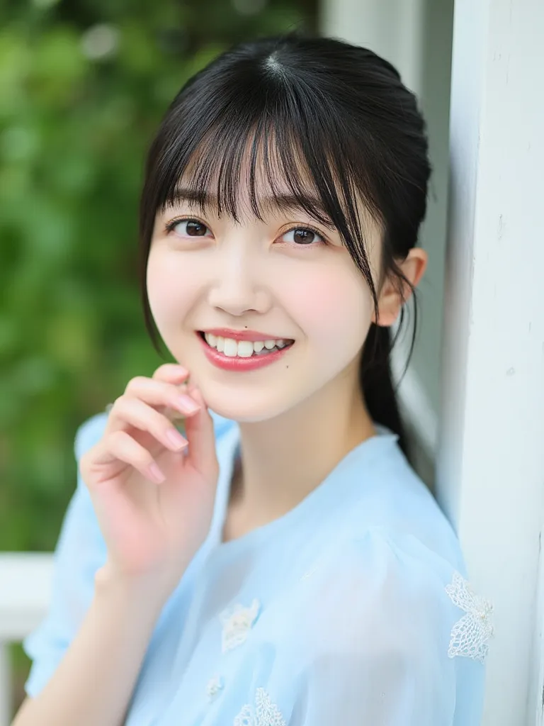 Close-up face,  Direct, Dark Hair, Single ponytail style with straight bangs.  She has fair skin ，Exquisite ,  Youthful face with a light makeup ,  includes light pink lipstick .  Her eyes are soft and brown , 她有一个妩媚张嘴Exhale 的表情.  She wears pure  ,  light ...