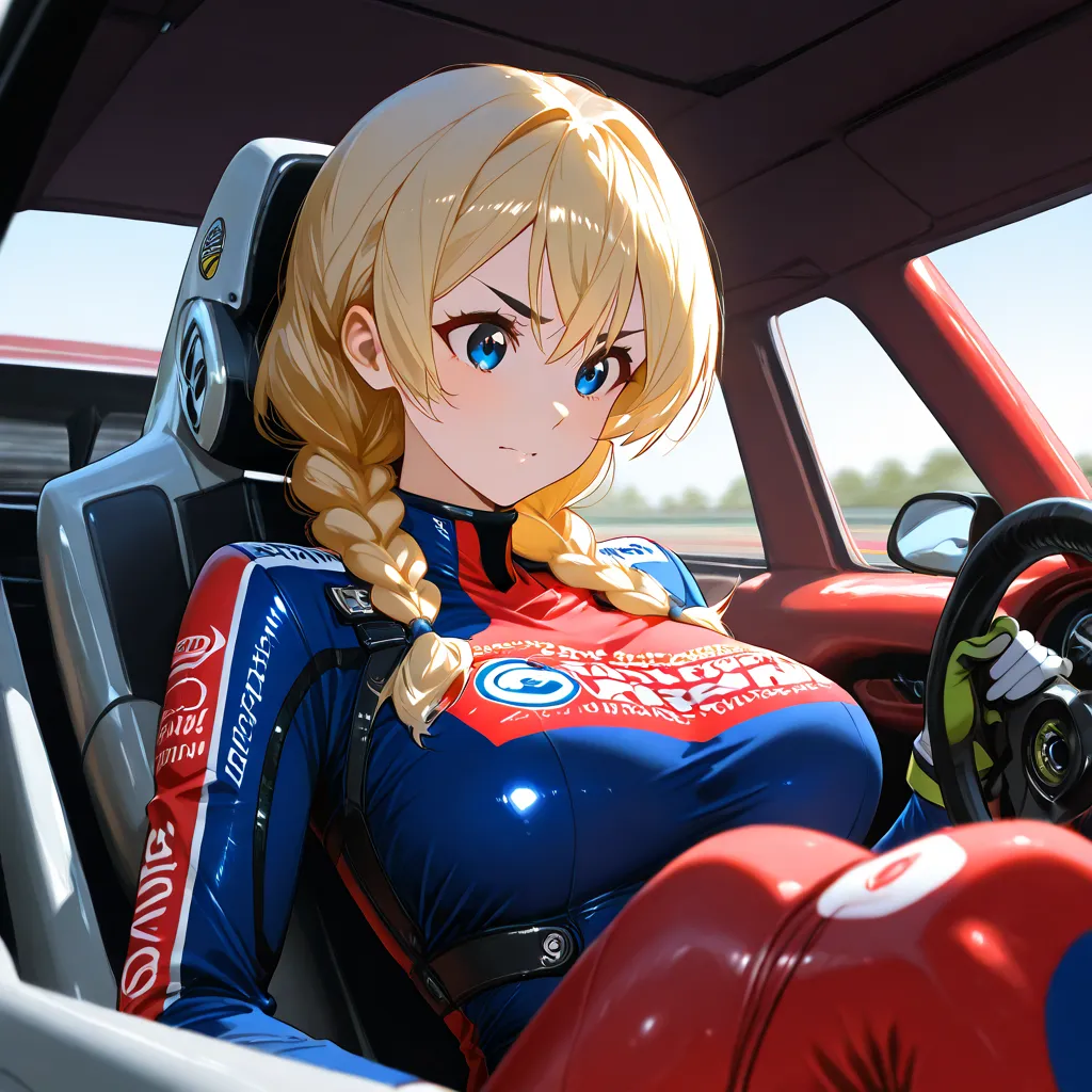 Anime-style. A 30-year-old Formula 1 driver, racing for Ferrari, is inside her car, fully focused as she speeds down the track. She has long blonde hair tied in braids, with a few loose strands flowing in the wind, and sharp blue eyes filled with determina...