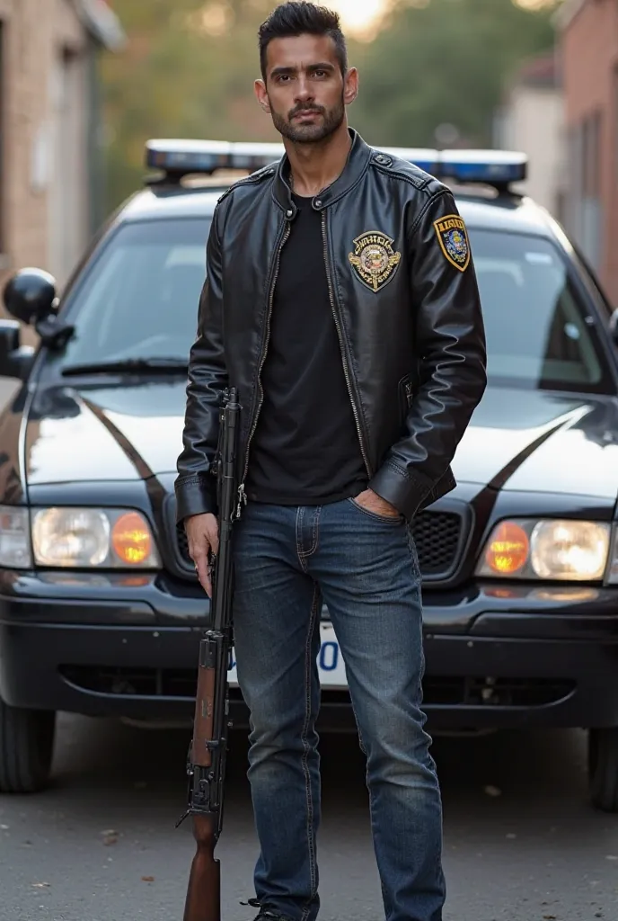 A man with black hair and bread, standing in front of police car. He wears lether jacket with mark of police, black shirt, jeans and black shoes. He also holding a shotgun.