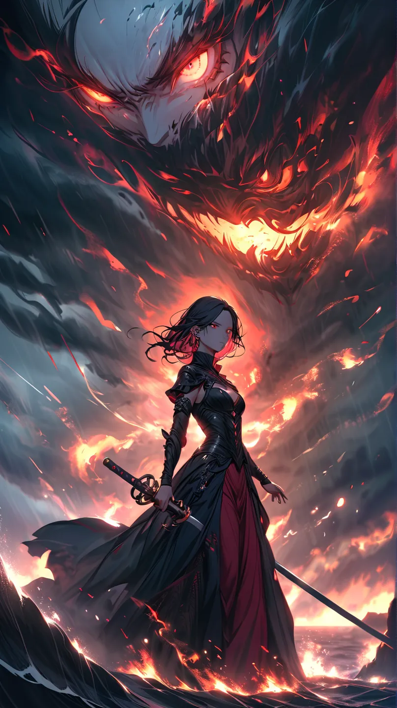 A dramatic and atmospheric fantasy illustration of a beautiful yet sorrowful woman standing atop a stormy cliff at night. She wears a flowing black and crimson gown that billows in the wind, symbolizing both vengeance and justice. Her piercing eyes glow wi...