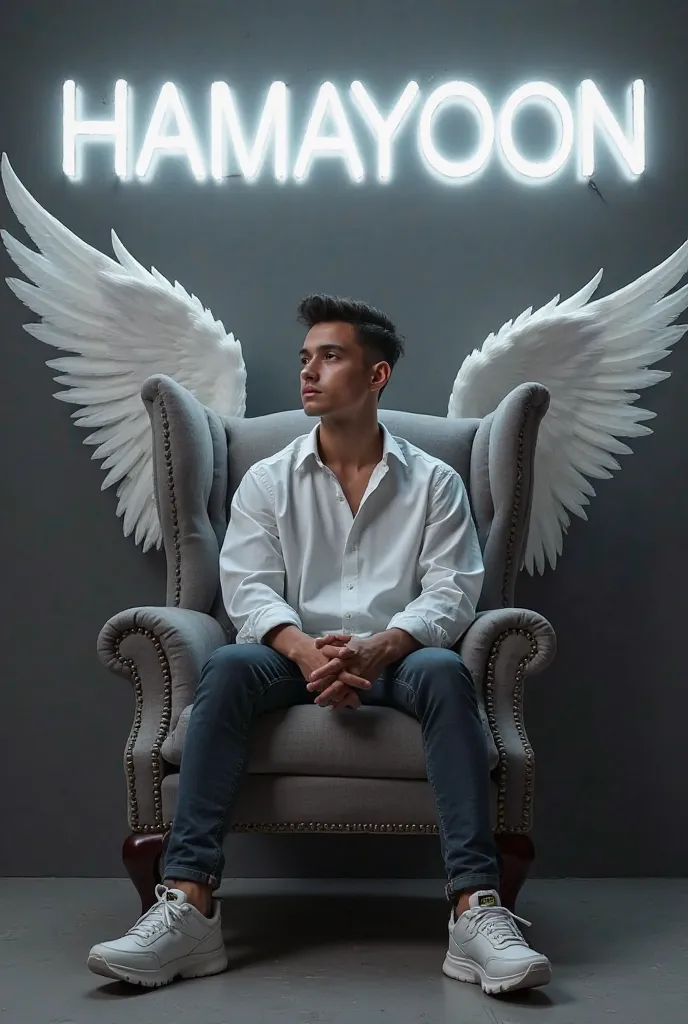 Create a 3d illusion for a profile picture where a  25 year old cute boy in a white shirt sitting casually on a wingback chair. Wearing sneakers he look ahead . the background features  HAMAYOON in a big and capital  white neon light fonts on the dark grey...