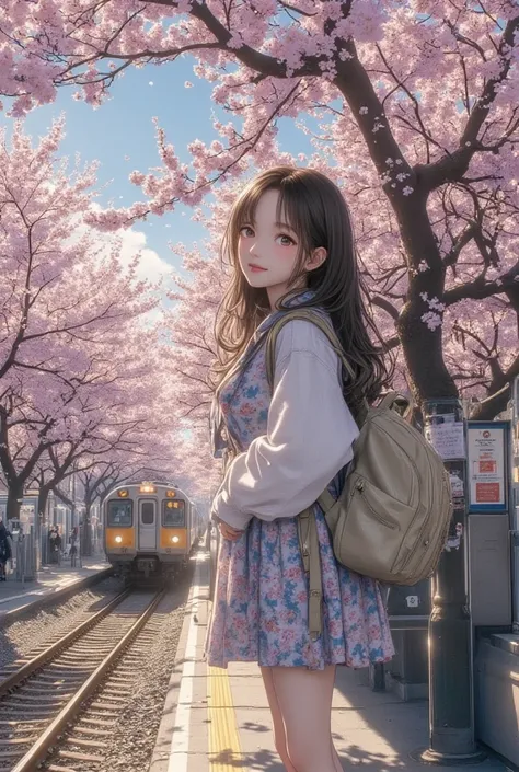 masterpiece, best quality, photorealistic, 1girl, stunning innocent symmetry face, white shirt, emotional, big breasts, (PureErosFace_V1:0.7), The train station platform with Cherry Blossom Trees in beautiful spring, the train coming in, a flower-patterned...