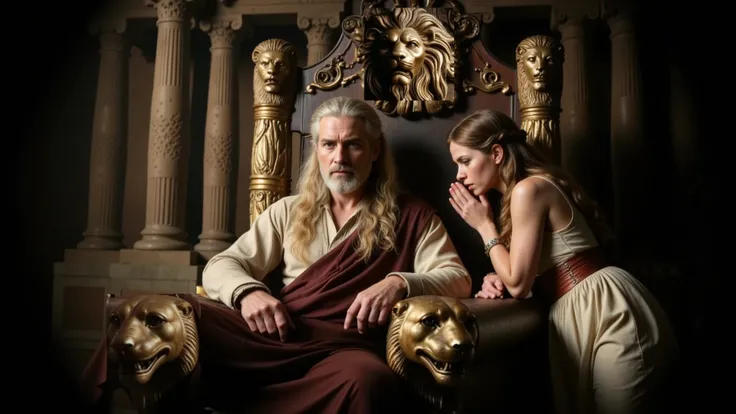 50 years old. Bearded. Long hair. Serious, thoughtful, worried. King Eurystheus, seated on his throne, deep in thought. King Eurystheus is seated on his wooden throne adorned with golden lions, in Ancient Greece. He has white skin, gray hair, and appears t...