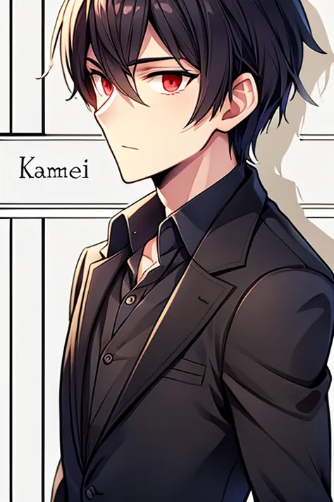 The image is a collection of anime-style character portraits, featuring a male character with short black hair and red eyes. The character is depicted from multiple angles, including a front view, side view, and three-quarter front view. He is wearing a da...