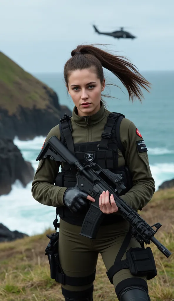 "A breathtaking New Zealand female soldier with piercing green eyes and dark brown hair in a tactical bun, wearing a black and green NZSAS (New Zealand Special Air Service) combat uniform. She grips an M4A1 rifle, standing on a rugged cliffside with waves ...