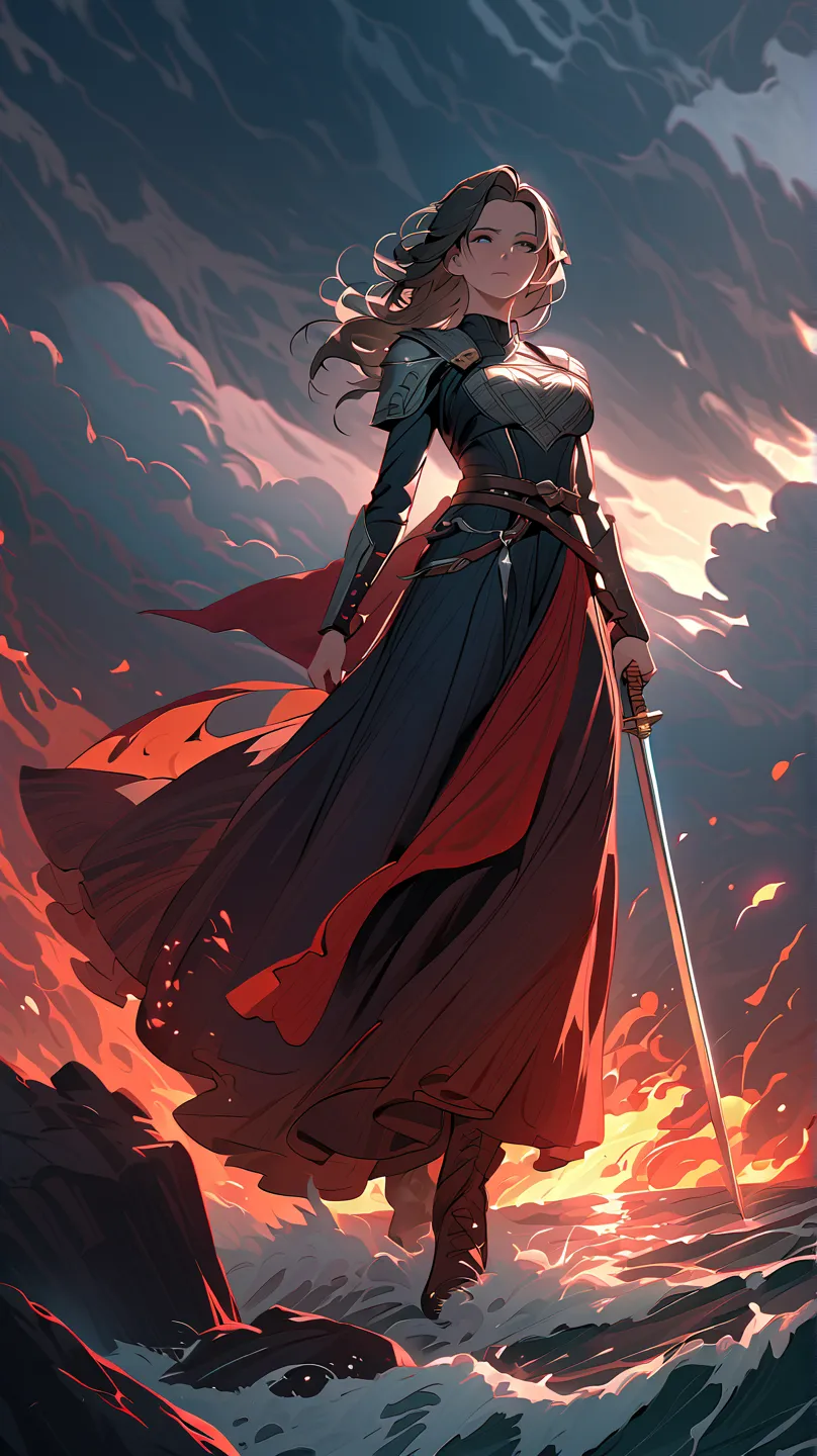 A dramatic and atmospheric fantasy illustration of a beautiful yet sorrowful woman standing atop a stormy cliff at night. She wears a flowing black and crimson gown that billows in the wind, symbolizing both vengeance and justice. Her piercing eyes glow wi...