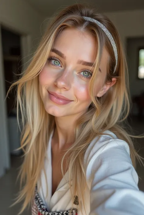 selfie, wink,  sweet woman with a baby face ,  with an attractive and seductive expression, shy,  blond straight hair wearing a head band on her forehead,  compose,  blue eyes,  with excellent body proportions ,  I wear a loose shirt  with a tartan mini sk...