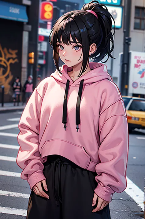 1 girl, ponytail hair, Black hair with bangs and top、blonde in the middle and underparts,Lots of piercings、 sleepy, background with street graffiti like downtown New York,anime, anime、Pink pullover hoodie、Black wide pants