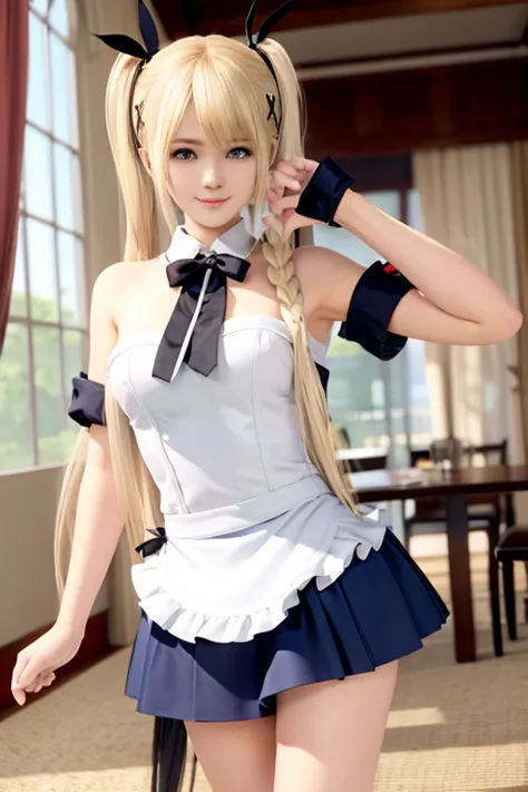 Marie rose, twin tails, blonde hair, best quality, waiter outfit,, slight smile, shy face