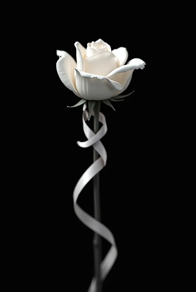 White rose with funeral white ribbon on stem in black background