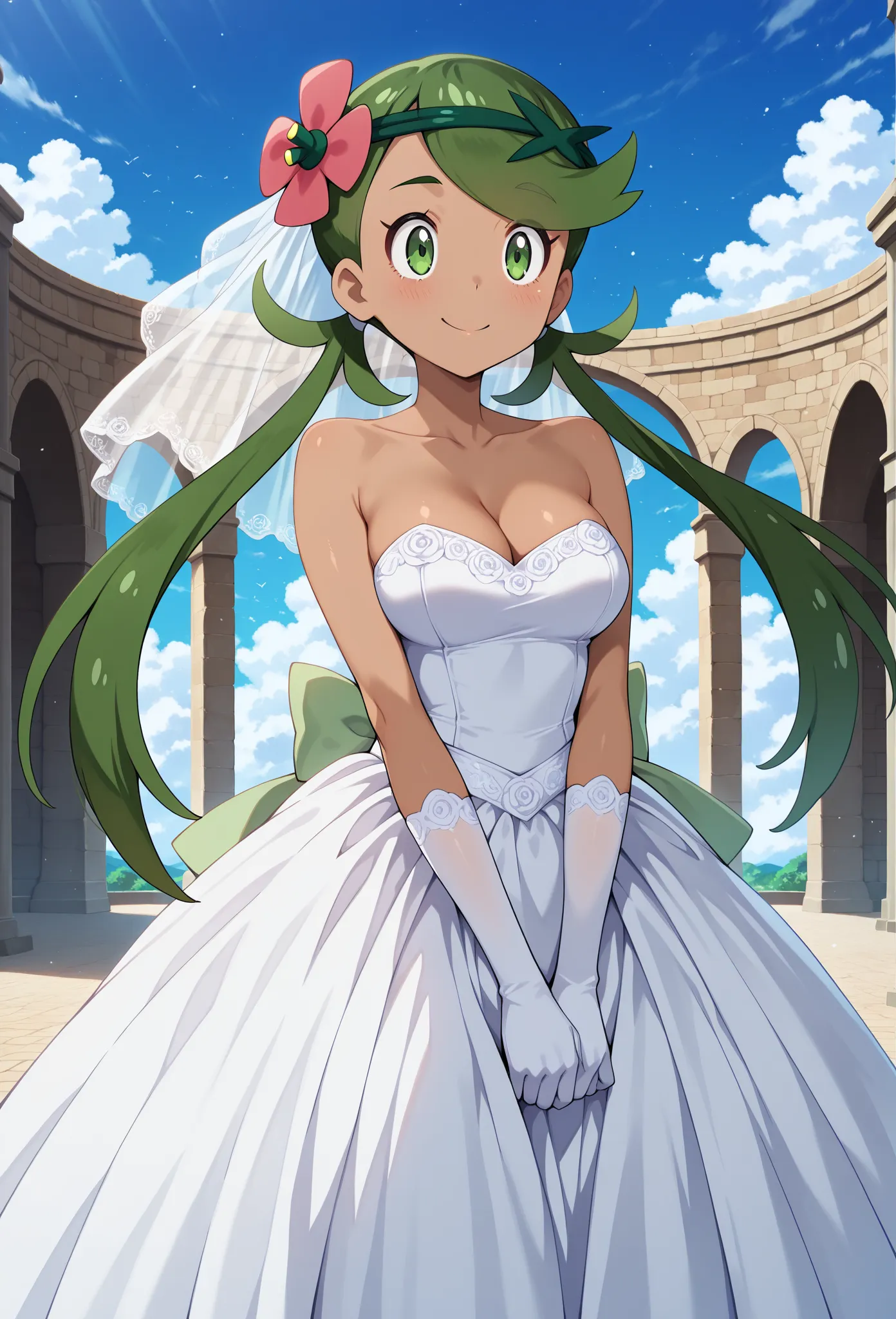 high resolution picture, masterpiece, best quality, amazing quality, solo, zzMallow, green hair, green eyes, hair flower, hair ornament, medium breasts, anime_screencap       alternative outfit,                  wedding dress, long dress, white dress, stra...