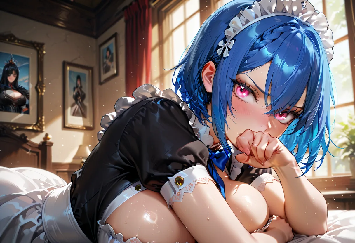 ((solo)), from side, arched back, face down, embarrassed expression, head tilt, covering mouth, upper body, Kriemhild Valhanna, blue hair, short hair, straight hair, tiny braid, v bangs, pink eyes, pale, white breath, huge breasts, maid costume, lace up de...