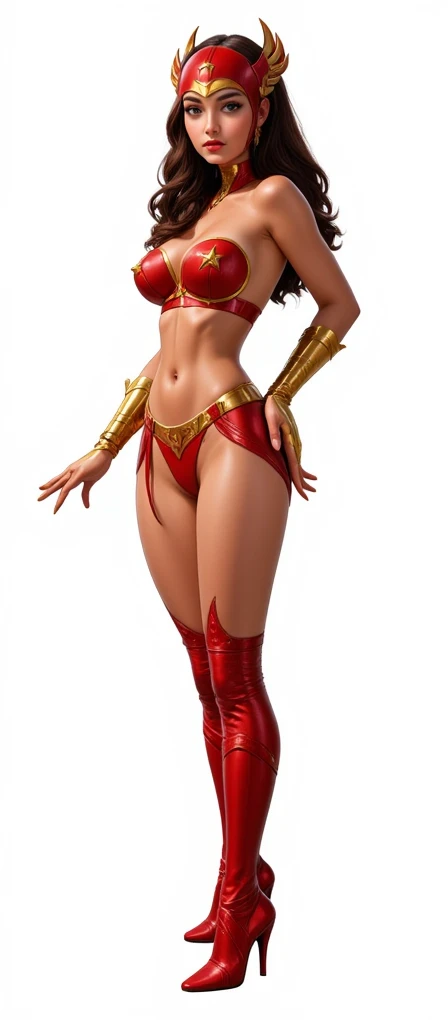 A beautiful and gorgeous Filipina heroin Darna ,,, long wavy hair.., wearing leather red and gold leather two piece bra and panty costume. Gold details and trimmings..gold metallic gloves and cuffs and belt and red  knee high boots.. hero suit ..with gold ...