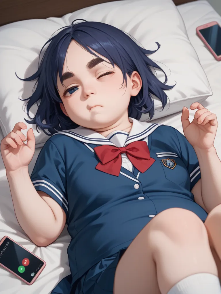 (Upper body only) , size out school uniform , (looking smartphone:1.2) , lying on bed , (smartphone on hand) , (Intense Sway vertically upper body motion blur) , Sway vertically breast
, kawaii anime petit girl, round eyebrows, round face, single eyelid, b...