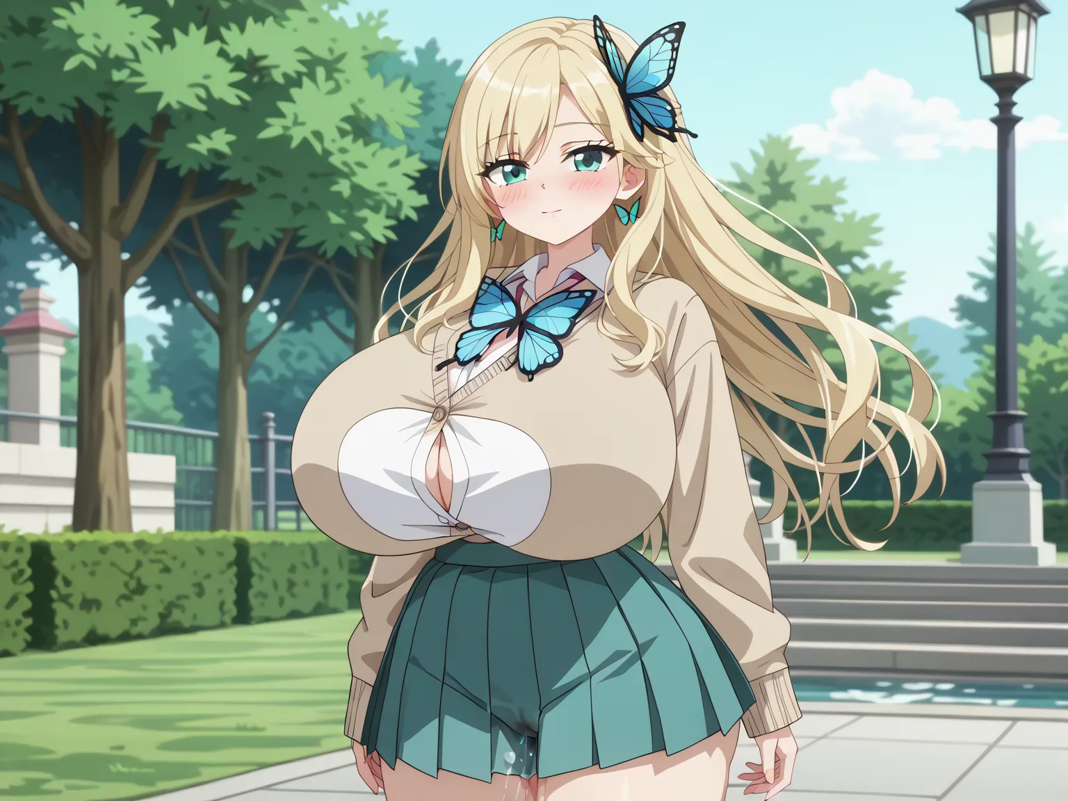 (UHD, retina, masterpiece, accurate, anatomically correct, super detail, high details,   highres,anime screencap, anime coloring:1.3)、(sena kashiwazaki:1.3)、(long hair, blonde hair, hair ornament, aqua eyes, butterfly hair ornament:1.3)、(very gigantic brea...