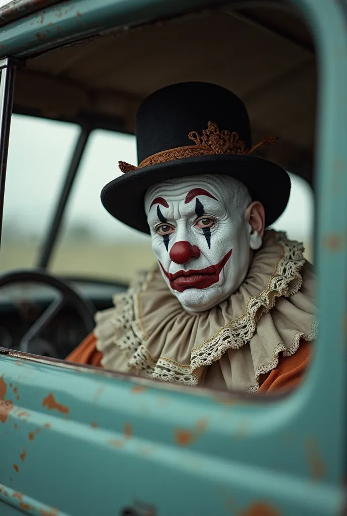 A sad clown sitting inside an old car, wearing white makeup with black stars around his eyes, and wearing a traditional black clown hat with brown details. He is wearing a classic clown outfit decorated with white lace. Photo