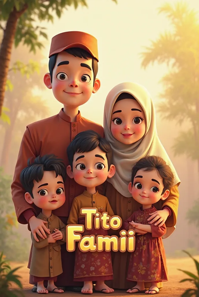 Create an animated image of Group wa
! 1. *father* : Image of a man in a coco dress wearing a peci, symbolic for father.
2. *Mother with Hijab* : Add female figure wearing hijab, symbolizes mother.
3. * ren * : 
   - First boy: x} Use a taller boy figure.
...