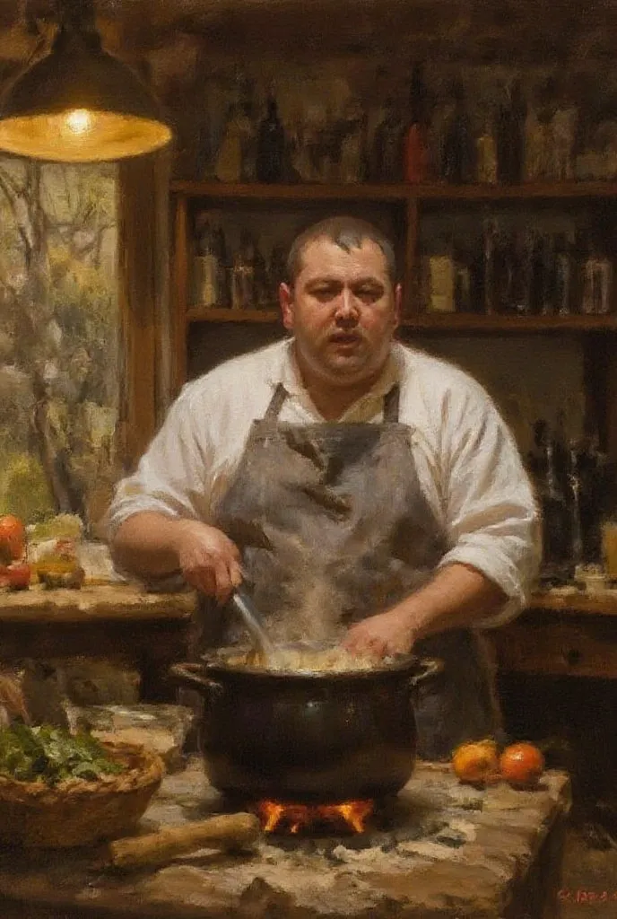 
A chubby man with a round face, wearing a messy apron, stands in a rustic outdoor kitchen surrounded by wooden tables and fresh ingredients. He is stirring a steaming pot over a stone stove, with scattered vegetables, herbs, and cooking utensils around hi...