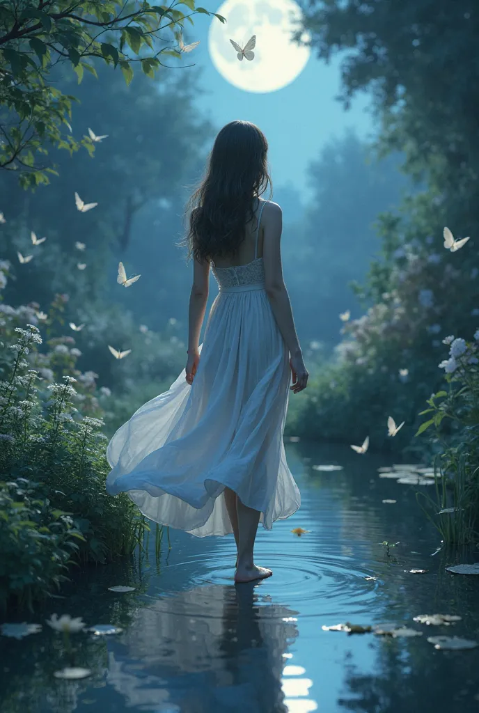 A girl in a short white dress goes barefoot to wander at night near a garden with a pond around which small white butterflies fly 