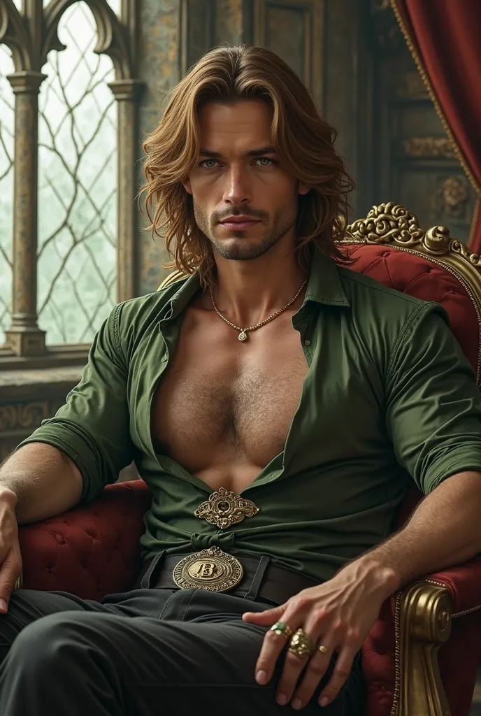 handsome guy, sophisticated, long bronze hair, green eyes, straight nose, sitting in a chair, silk shirt unbuttoned, medallion, relaxed pose, lancet window in the background, fantasy art, clothes, medieval