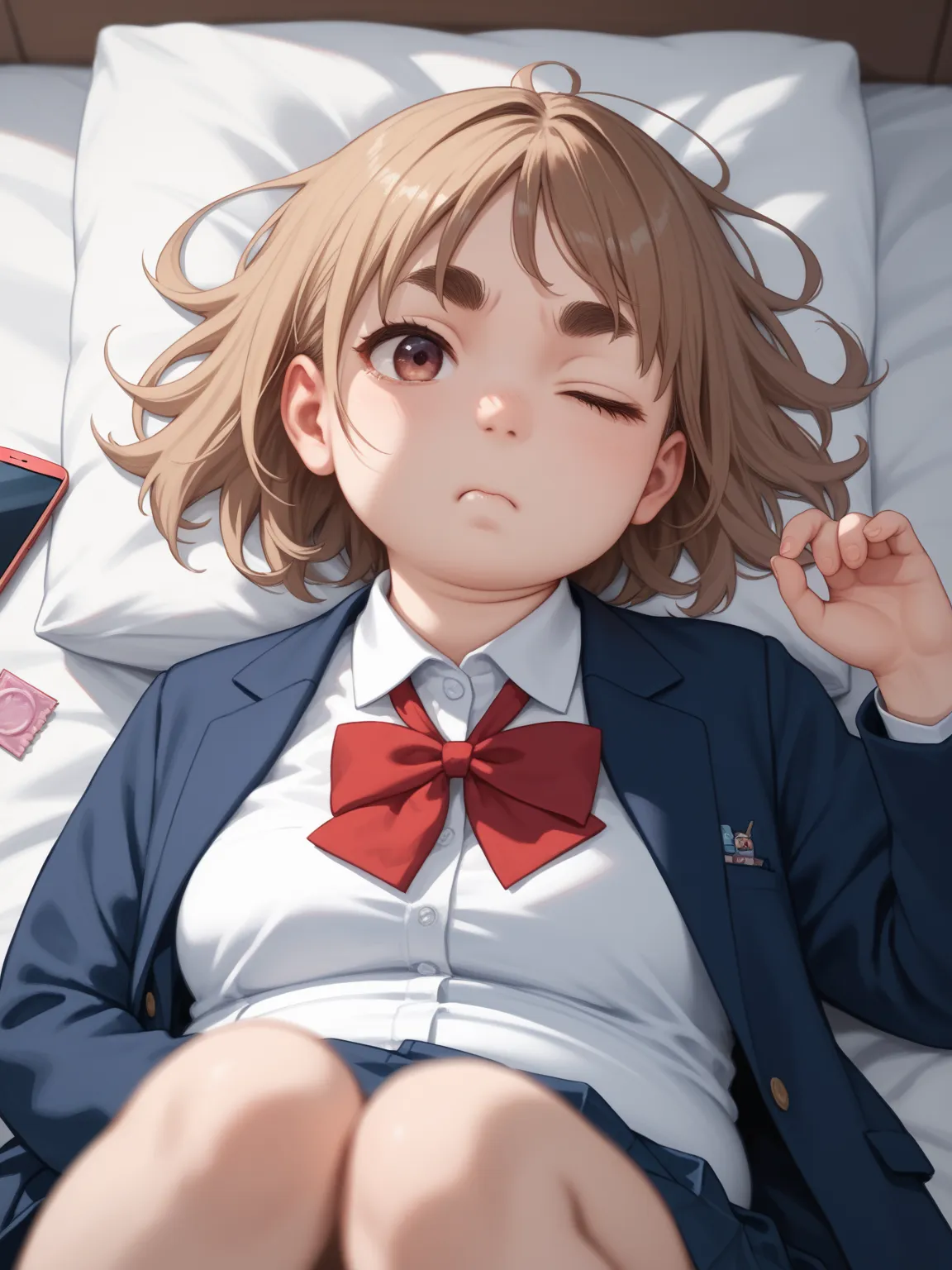 (Upper body only) , size out school uniform , (looking smartphone:1.2) , lying on bed , (smartphone on hand) , (Intense Sway vertically upper body motion blur) , Sway vertically breast
, kawaii anime petit girl, round eyebrows, round face, single eyelid, b...