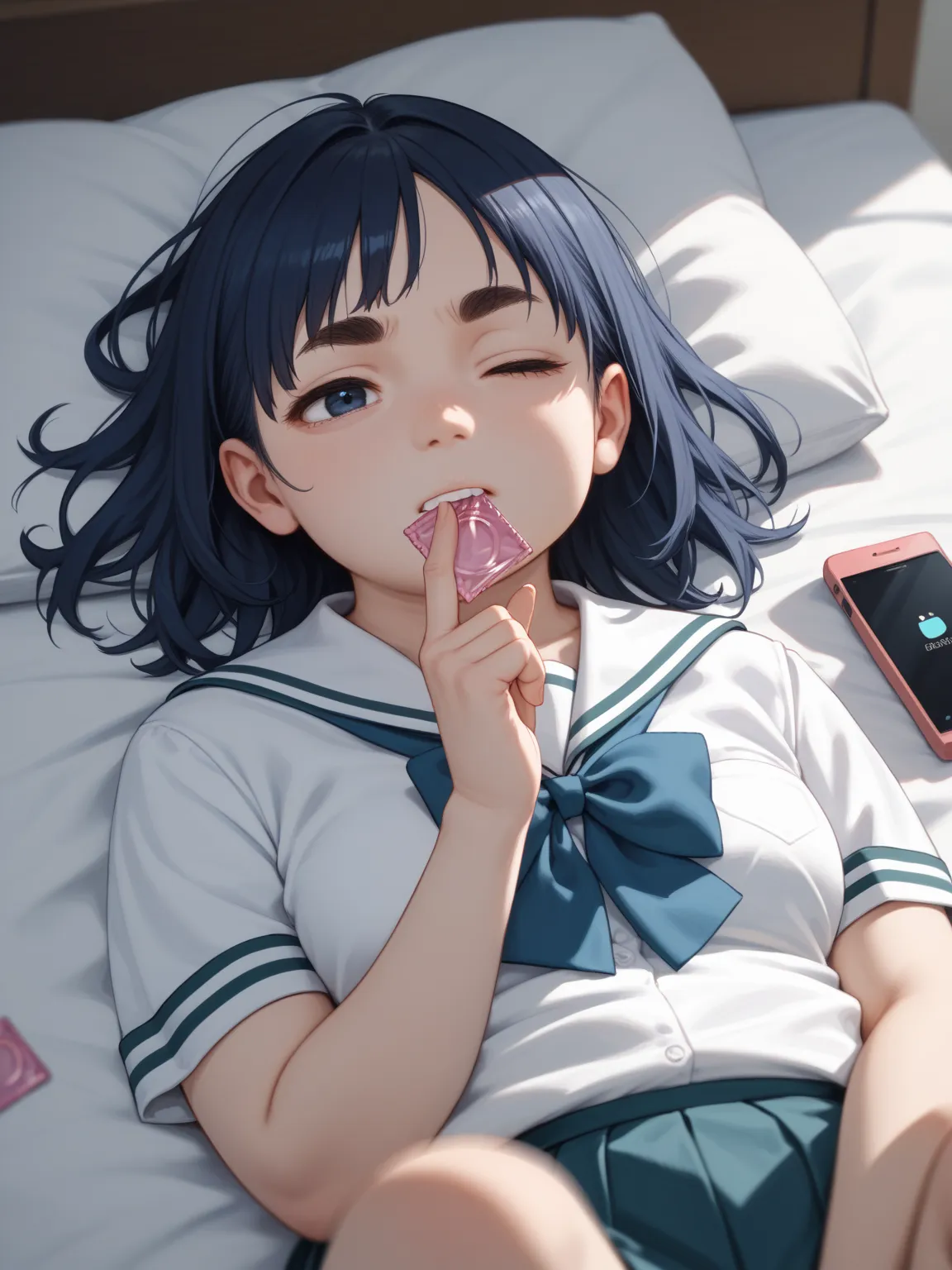 (Upper body only) , size out school uniform , (looking smartphone:1.2) , lying on bed , (smartphone on hand) , (Intense Sway vertically upper body motion blur) , Sway vertically breast
, kawaii anime petit girl, round eyebrows, round face, single eyelid, b...