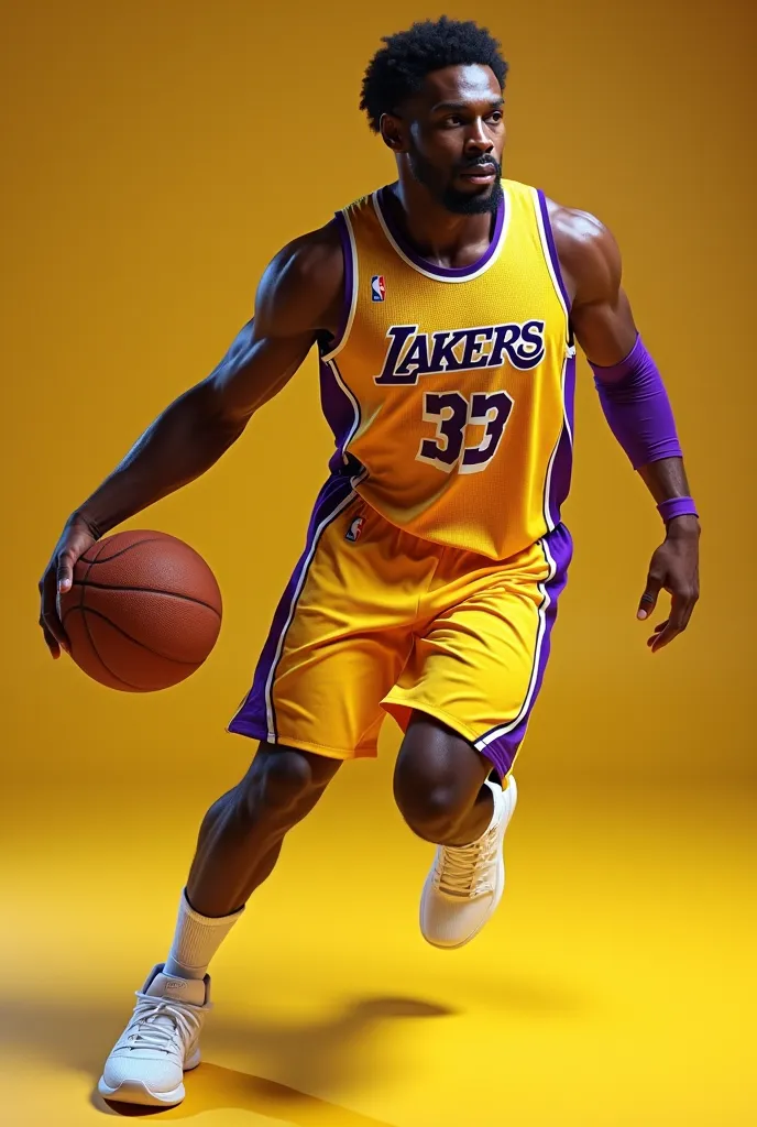 Full body. Player using a modern Basketball uniform, in yellow (predominant), details dynamics in purple and white. super hero typography in the center of the shirt with the team name "ANCH" written on it. gradient yellow style. Formidable fabric texture, ...