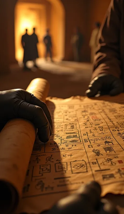 "Close-up of an explorer’s gloved hands unrolling a papyrus scroll with vivid Egyptian symbols, torchlight revealing a hidden map. Blurred background shows shadowy figures examining a sarcophagus. Shallow depth of field, intricate details on aged paper, wa...