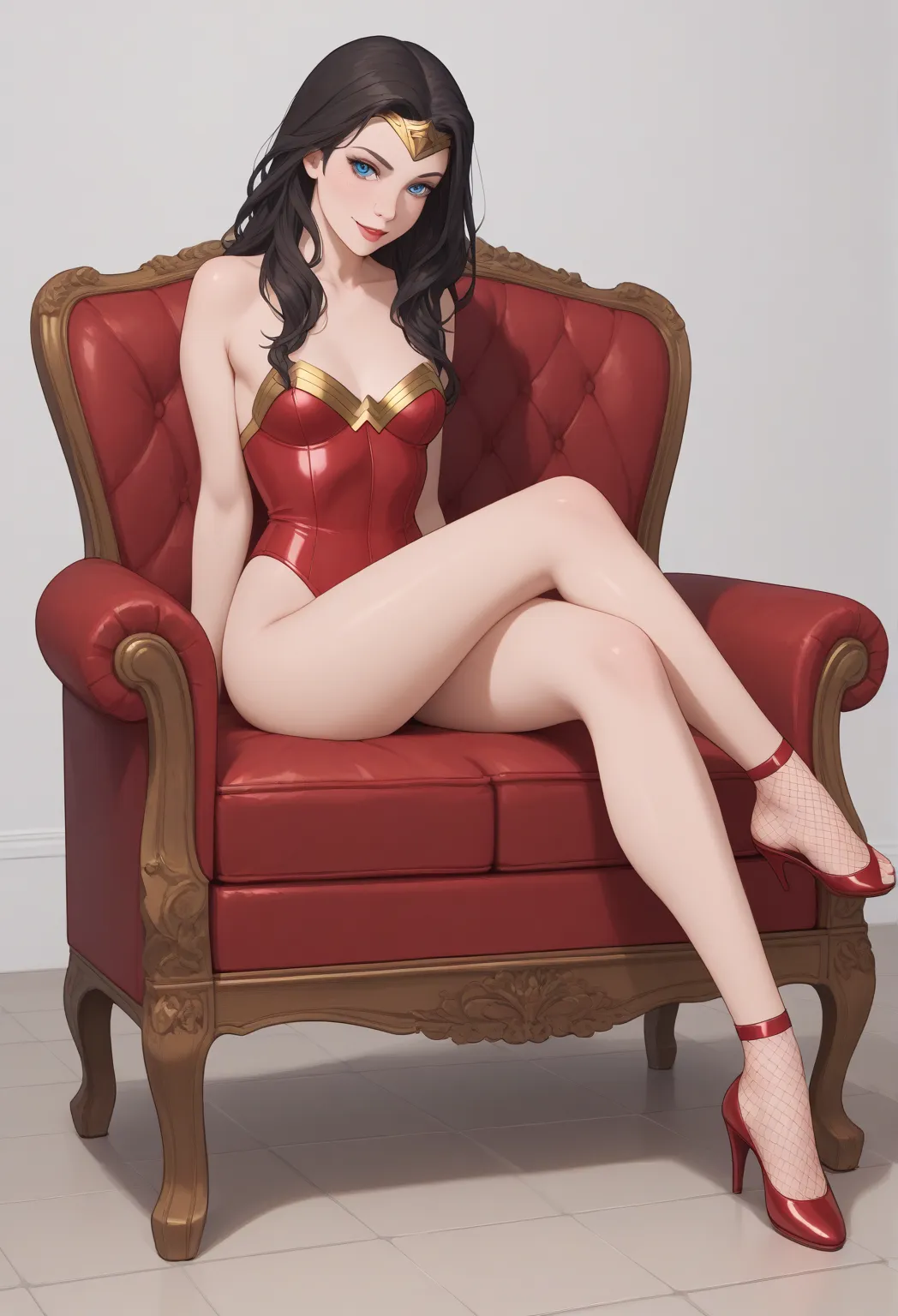 ((full body photo, standing, feet on the floor)) Wonder Woman, (sitting on couch, legs crossed), hands tied behind her back, masterpiece, best quality, showing feet, (profile photo), highly detailed, score_9, score_8_up, score_7_up, score_6_up, anime font,...