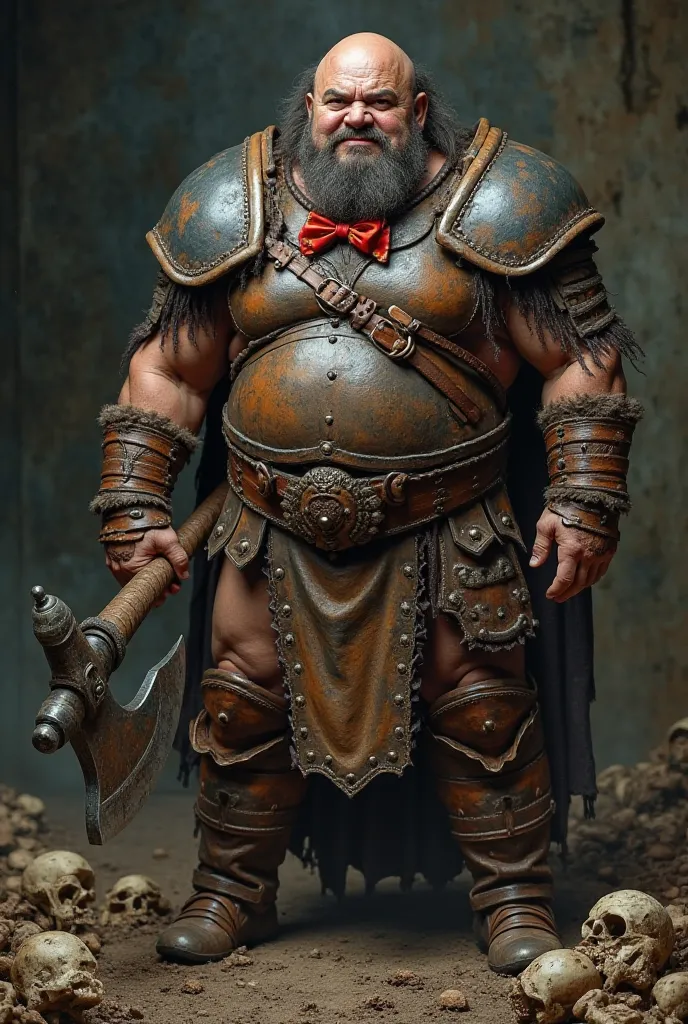 Ruthless barbarian with Danny devito leather armor Danny Devito face wearing a bowtie holding a battle axe standing there menacingly Danny Devi to face standing over pile of bones 