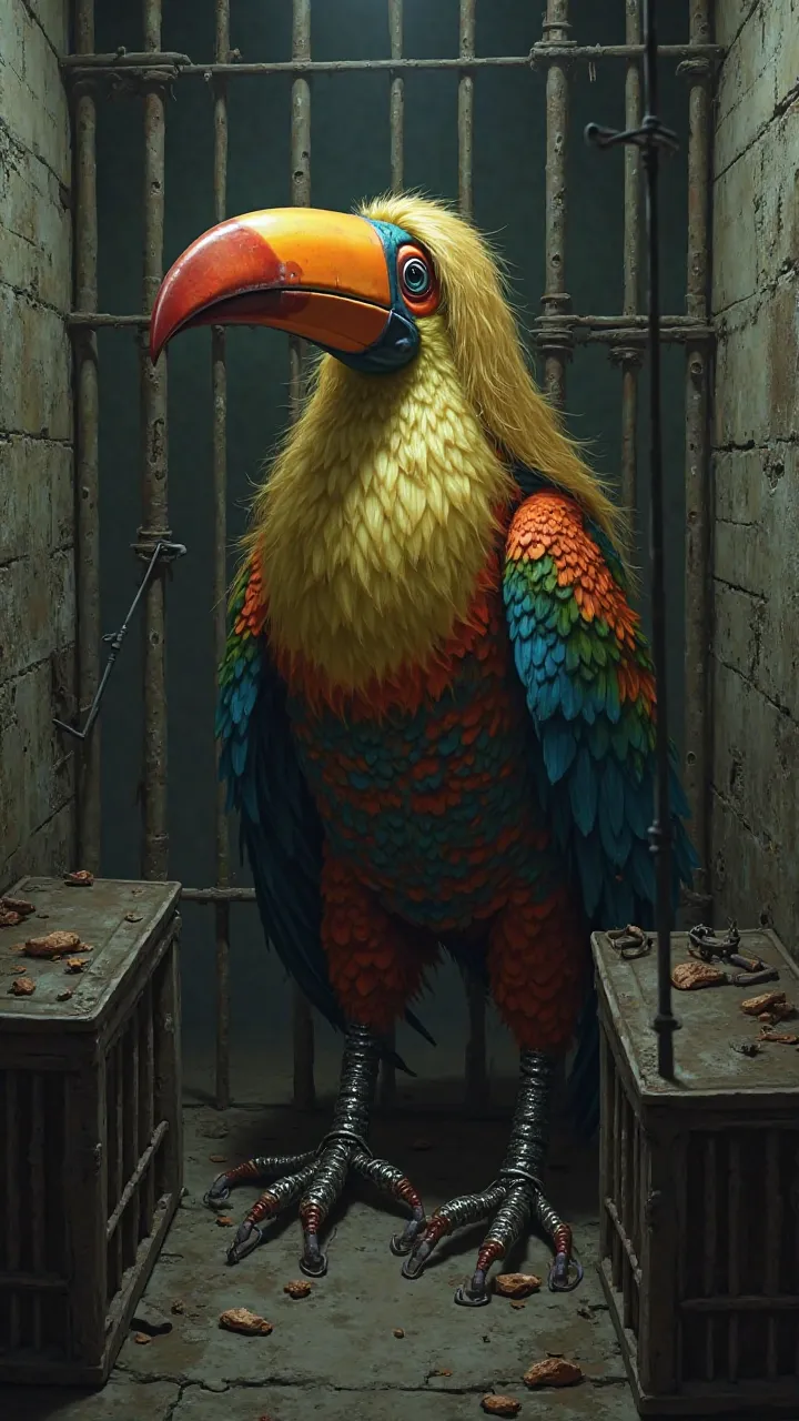 An anthropomorphic toucan with blond hair chained in a cell,Toucan head with blonde wig