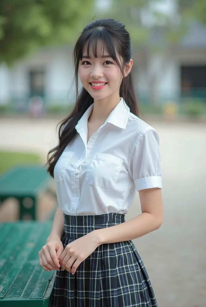 Real high quality and realistic photos of Thai woman,  beautiful (((big breasts , big breasts , nsfw))) , woman,   20 year old Thai girl in a school uniform standing near a green metal table,  She's wearing a white shirt(((big breasts , big breasts , nsfw)...